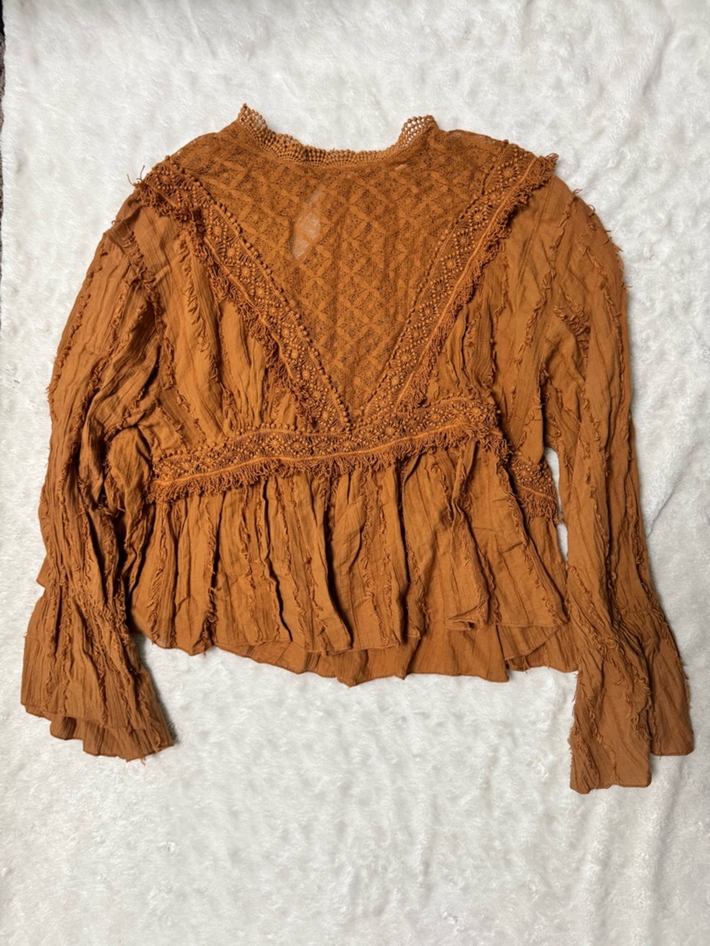 ROCKS & INDIGO Textured frayed boho Lace-Trim Peasant Blouse - Rust Orange